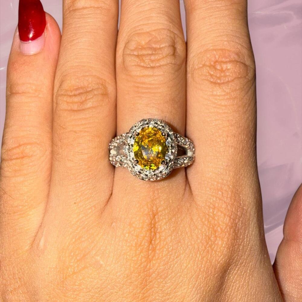 Y2K fairycore 925 Sterling Silver yellow gem halo ring bridal old money 2000s